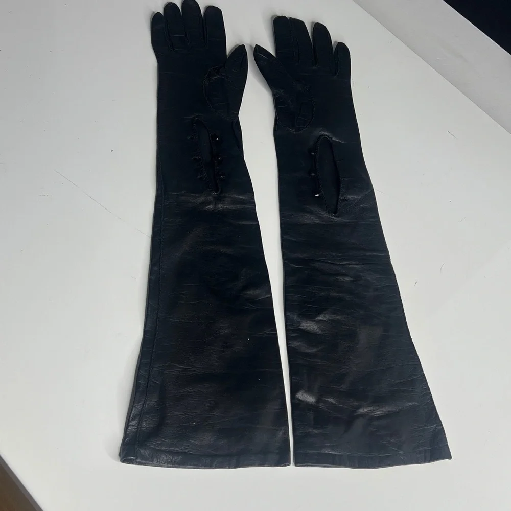 Black 20” Leather Sz 6 Opera Length Gloves Black Crystal Buttons Palm Opening
